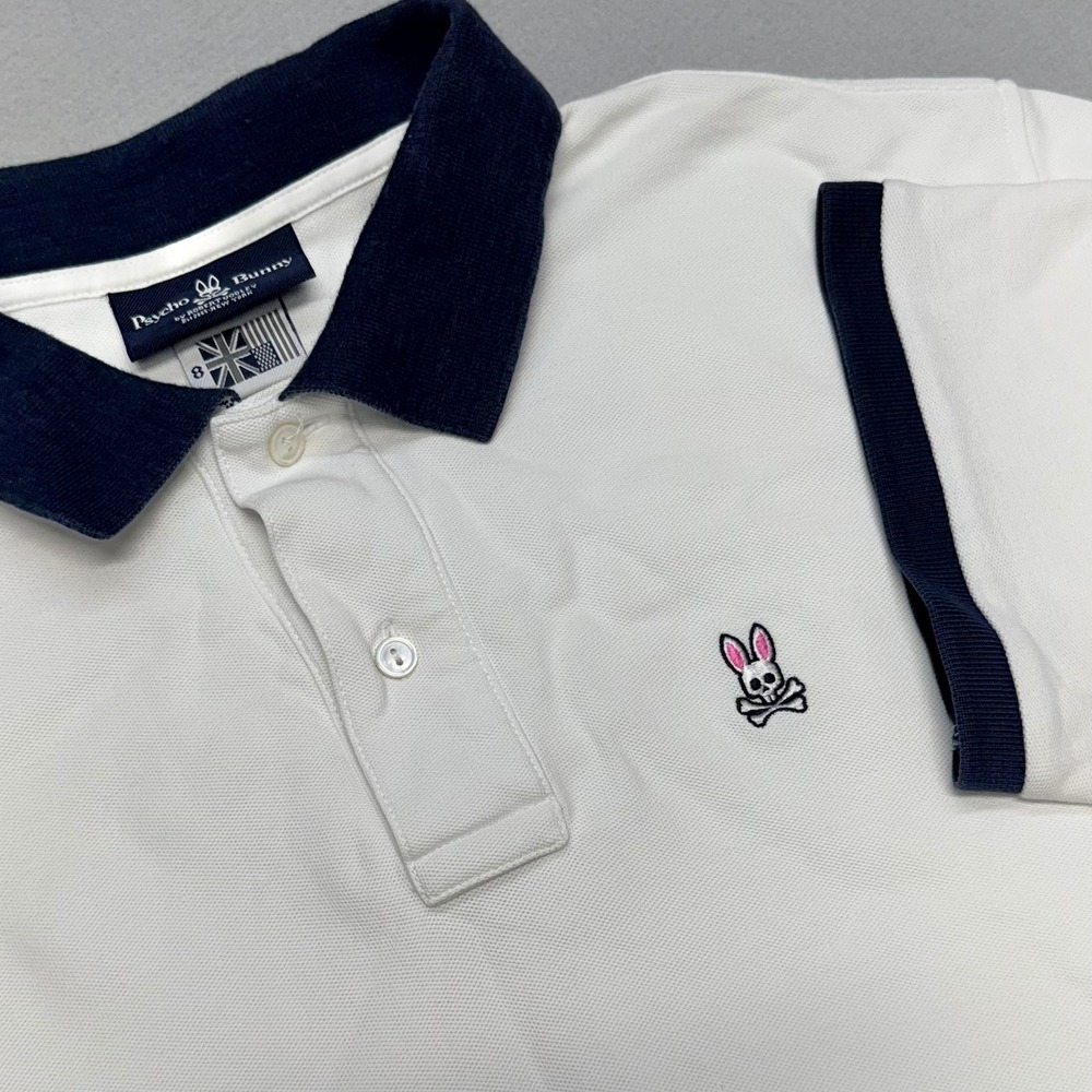 Psycho Bunny Mens Size 8 White Navy Contrast Pima Cotton Short Sleeve Polo Shirt